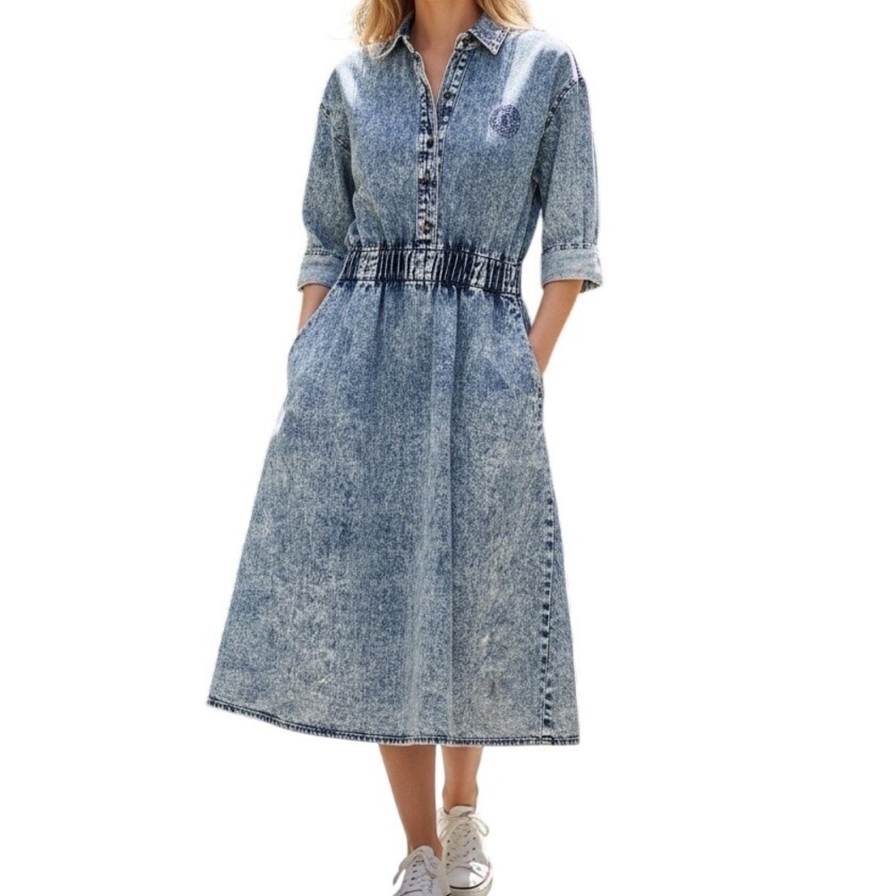 Mizz Lizz Vintage Acid Wash Denim Midi Dress Blue Cotton Button Front Womens M